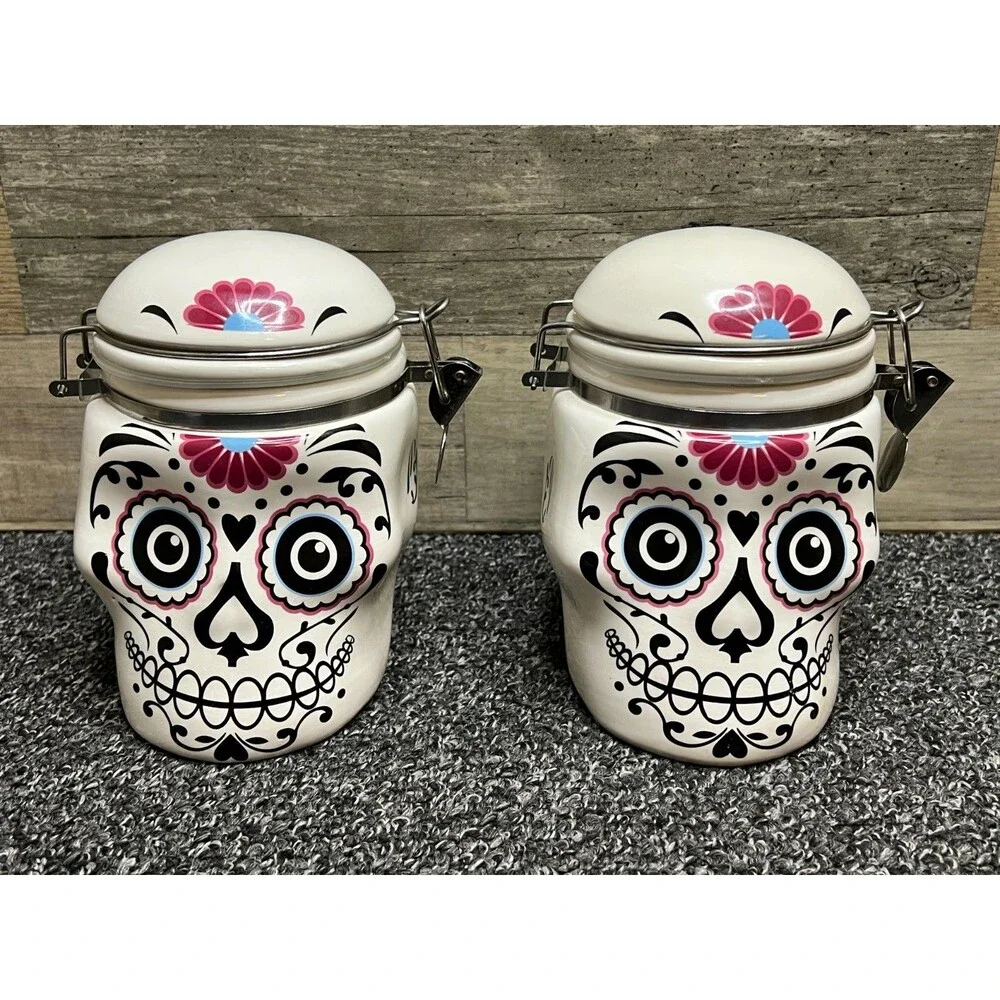 Day of the Dead Sugar Skull Ceramic Skull Ceramic Hinged Canister Cookie Jar Set